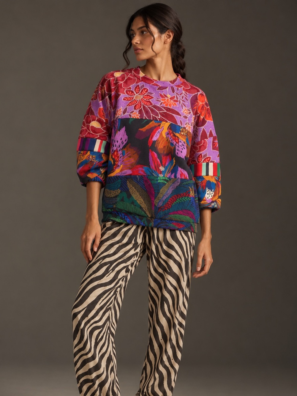 FARM Rio Patchwork Floral Colorblock Dolman Pullover Sweatshirt Size S